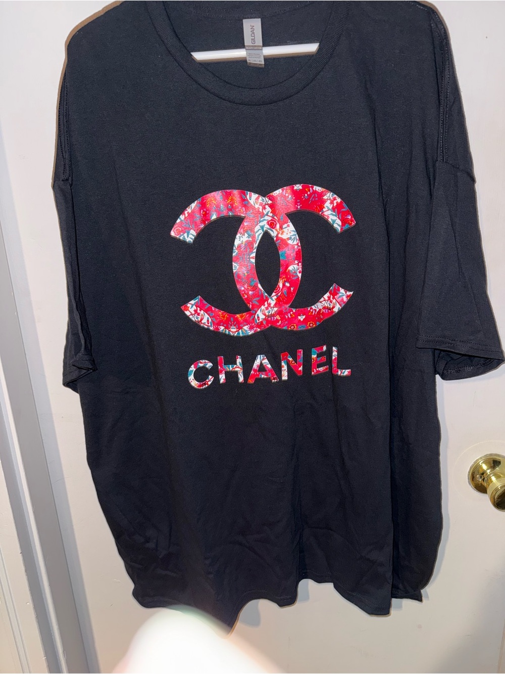 Gildan Black Tee with Red Floral CHANEL Logo Homemade short sleeve Shirt plus 4X